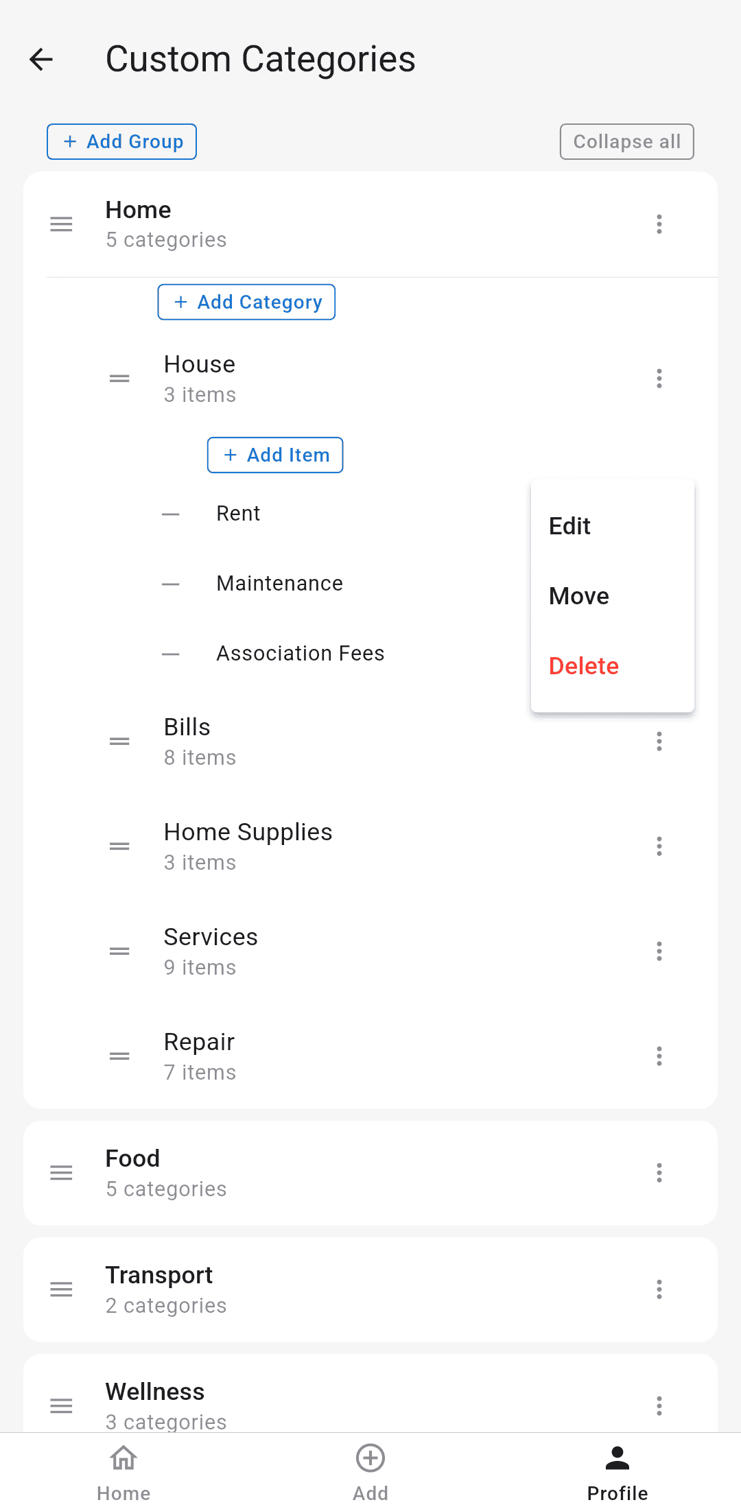 Custom categories