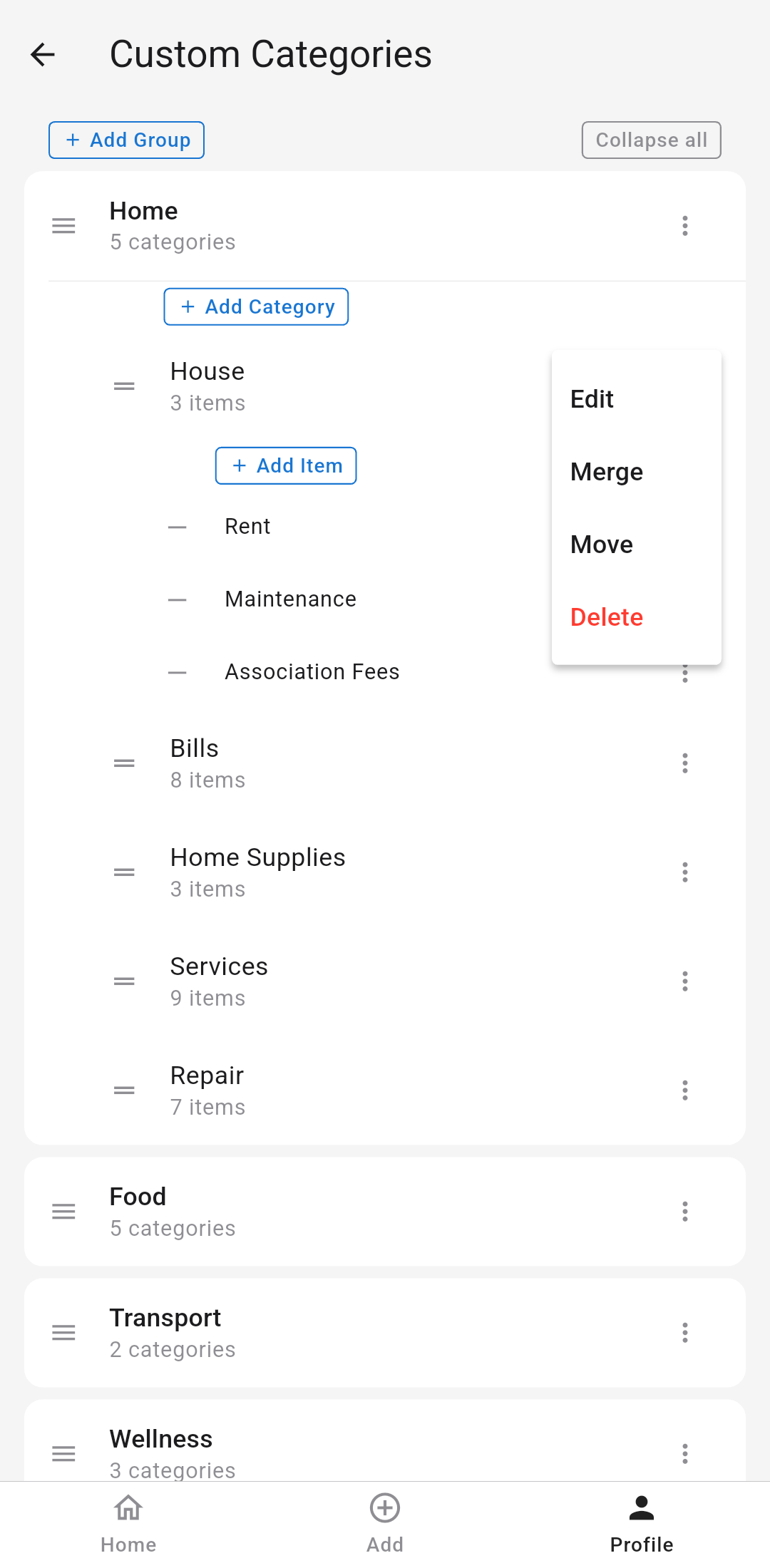 Custom categories